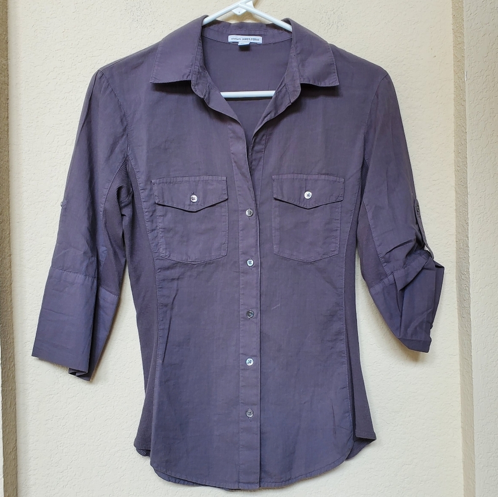 James Perse Gray Slub Side Button Down Shirt. Size Medium